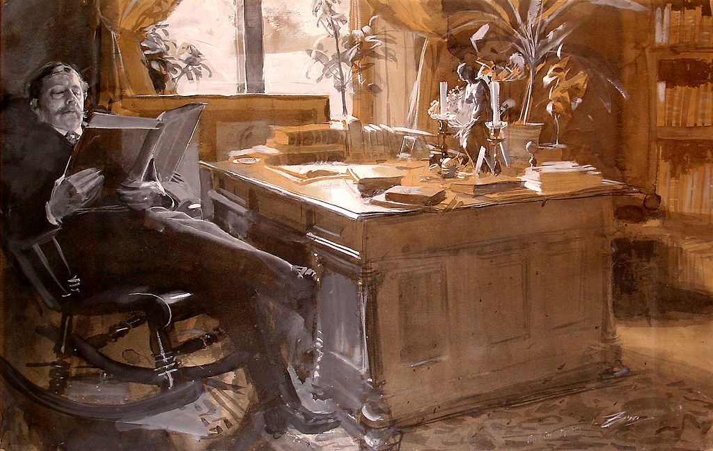 Viktor Rydberg reading a book in his rocking-chair, c. 1890, by Anders Zorn 1